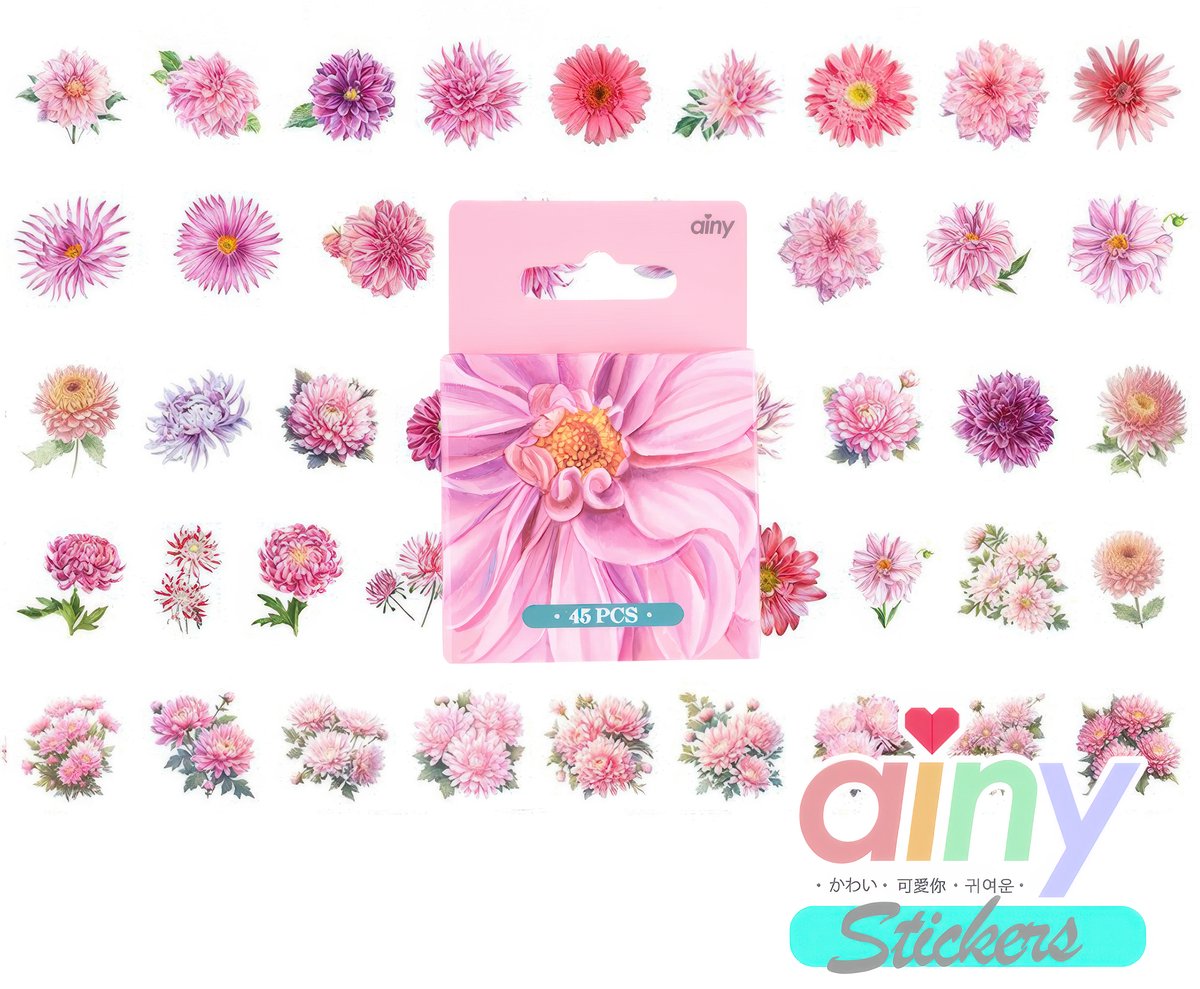 Ainy Chrysant Tuin Bloemen PET Stickers 45 stuks | Luxe & Elegant | Geschikt voor bullet journal, fotoalbum, wenskaarten, laptop, telefoon, waterfles, muursticker, geschenksticker, skateboard of graffiti sticker | Kinderen & Volwassen